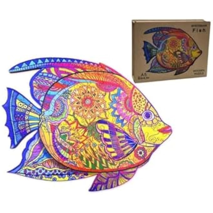 WOODEN JIGSAW PUZZLES, 3D WOODEN ANIMALS SHAPED PUZZLES, BEST GIFT FOR ADULTS AND KIDS DIY PUZZLE PIECE, COLORFUL UNIQUE SHAPED FISH PUZZLES A5-5.8 X 8.2 IN - Image 1